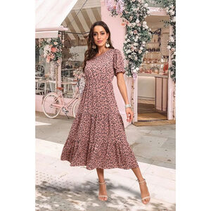 Grecerelle Women's Summer Casual Boho High Waist Leopard Print Midi Dress Small